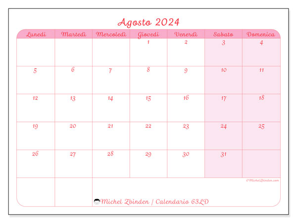Calendario agosto 2024 “63”. Programma da stampare gratuito.. Da lunedì a domenica
