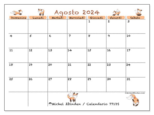 Calendario agosto 2024 “771”. Programma da stampare gratuito.. Da domenica a sabato