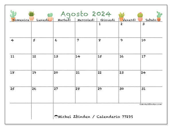 Calendario agosto 2024 “772”. Programma da stampare gratuito.. Da domenica a sabato