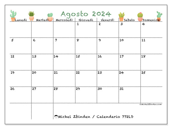 Calendario agosto 2024 “772”. Programma da stampare gratuito.. Da lunedì a domenica