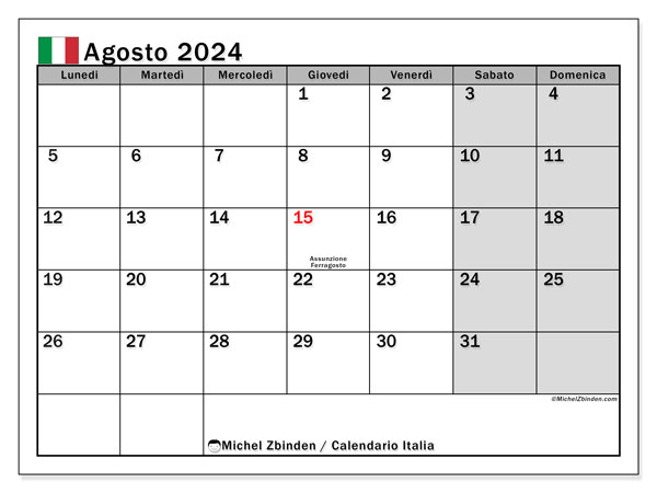 Kalender August 2024, Italien (IT). Plan zum Ausdrucken kostenlos.