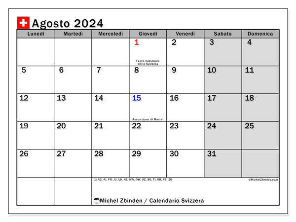 Calendario agosto 2024 “Svizzera”. Piano da stampare gratuito.. Da lunedì a domenica