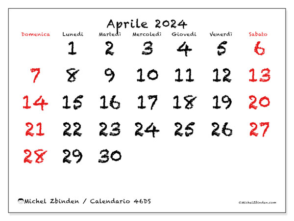 Calendario aprile 2024, 46DS, pronti per la stampa e gratuiti.