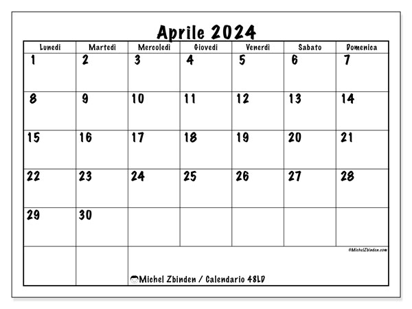 Calendario aprile 2024, 48LD, pronti per la stampa e gratuiti.