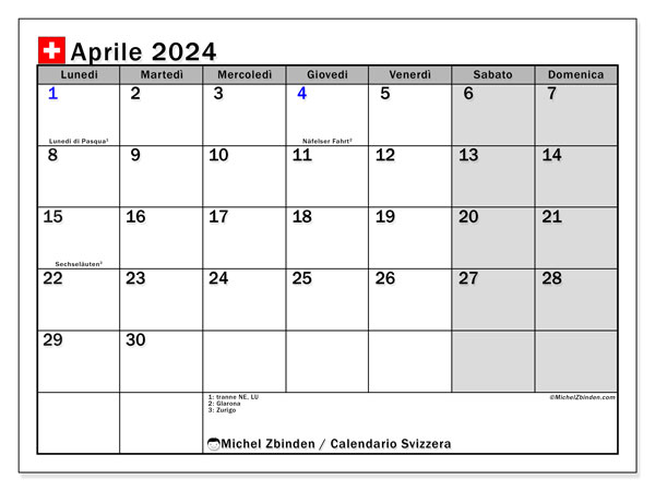 Calendario aprile 2024, Svizzera, pronti per la stampa e gratuiti.