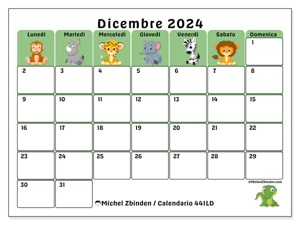 Calendario dicembre 2024 “441”. Orario da stampare gratuito.. Da lunedì a domenica