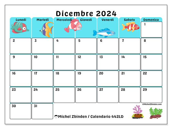 Calendario dicembre 2024 “442”. Calendario da stampare gratuito.. Da lunedì a domenica