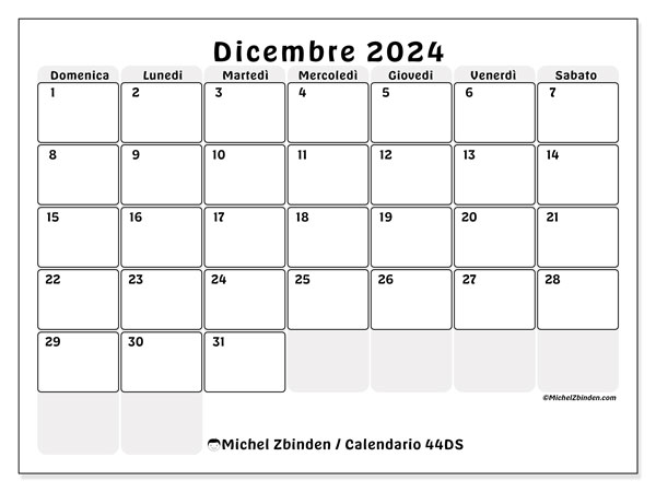Calendario dicembre 2024, 44DS. Orario da stampare gratuito.