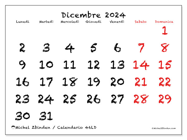 Calendario dicembre 2024, 46LD. Orario da stampare gratuito.