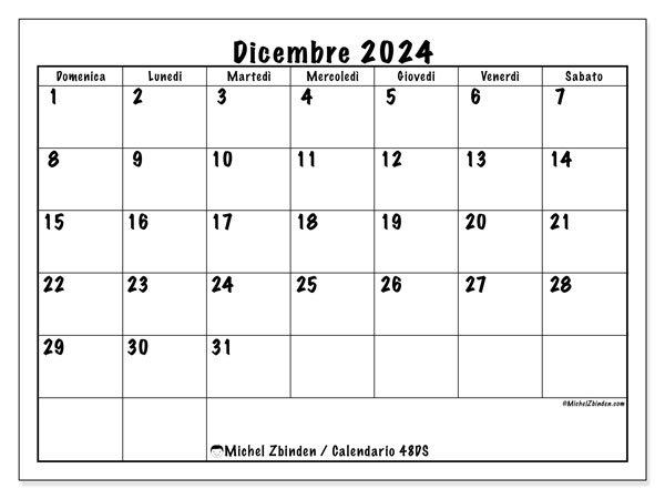 Calendario dicembre 2024 “48”. Calendario da stampare gratuito.. Da domenica a sabato