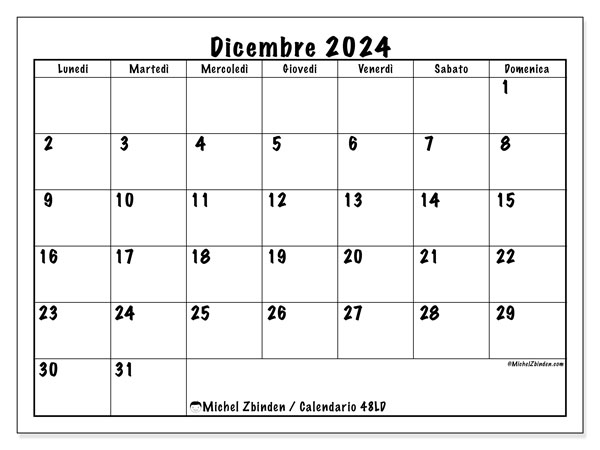Calendario dicembre 2024 “48”. Calendario da stampare gratuito.. Da lunedì a domenica