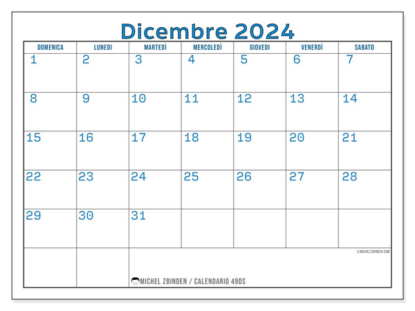 Calendario dicembre 2024 “49”. Programma da stampare gratuito.. Da domenica a sabato