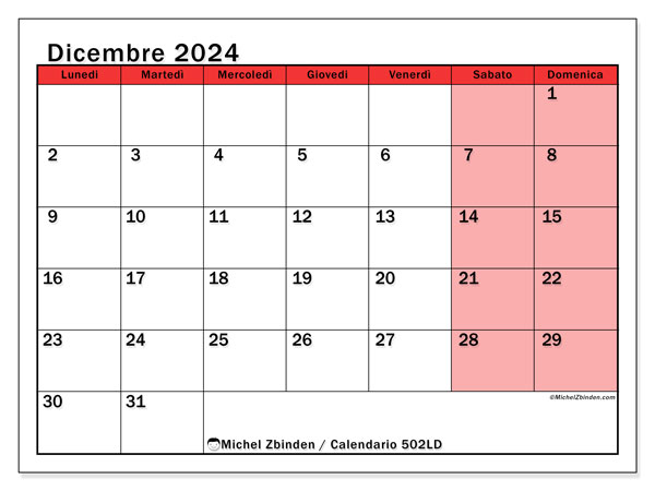 Calendario dicembre 2024, 502DS. Orario da stampare gratuito.