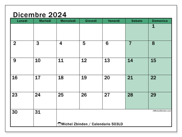 Calendario dicembre 2024 “503”. Piano da stampare gratuito.. Da lunedì a domenica