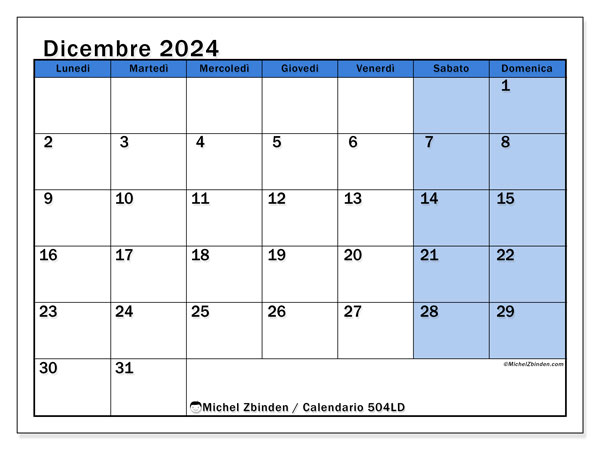 Calendario dicembre 2024, 504LD. Orario da stampare gratuito.