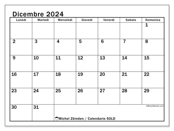 Calendario dicembre 2024 “50”. Calendario da stampare gratuito.. Da lunedì a domenica