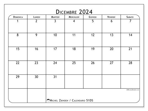 Calendario dicembre 2024 “51”. Piano da stampare gratuito.. Da domenica a sabato