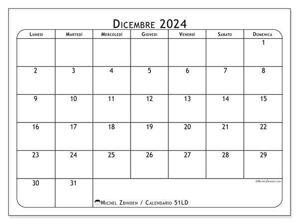Calendario dicembre 2024 “51”. Piano da stampare gratuito.. Da lunedì a domenica
