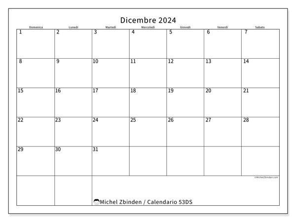 Calendario dicembre 2024 “53”. Orario da stampare gratuito.. Da domenica a sabato