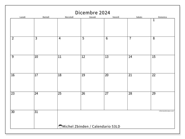 Calendario dicembre 2024 “53”. Orario da stampare gratuito.. Da lunedì a domenica