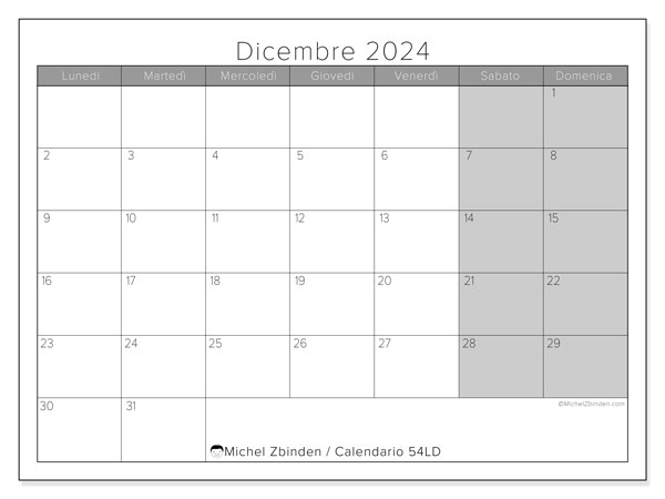 Calendario dicembre 2024 “54”. Calendario da stampare gratuito.. Da lunedì a domenica