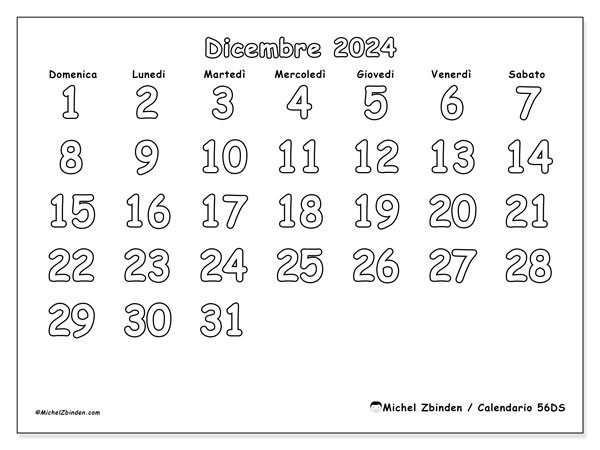 Calendario dicembre 2024 “56”. Calendario da stampare gratuito.. Da domenica a sabato