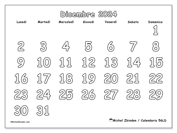 Calendario dicembre 2024 “56”. Calendario da stampare gratuito.. Da lunedì a domenica