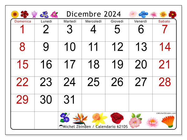 Calendario dicembre 2024 “621”. Orario da stampare gratuito.. Da domenica a sabato