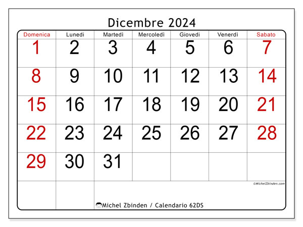 Calendario dicembre 2024 “62”. Orario da stampare gratuito.. Da domenica a sabato