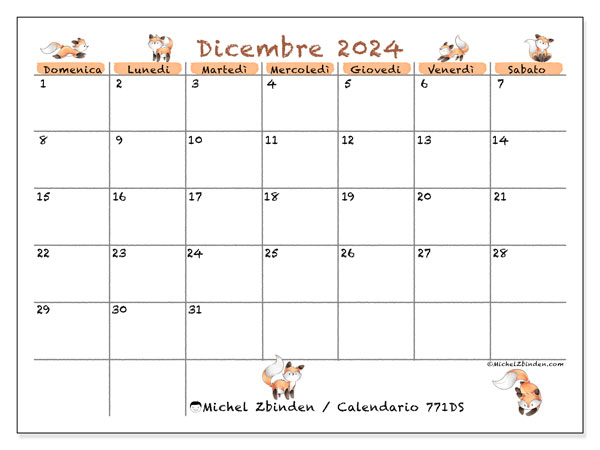 Calendario dicembre 2024 “771”. Programma da stampare gratuito.. Da domenica a sabato