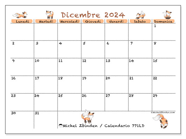 Calendario dicembre 2024 “771”. Programma da stampare gratuito.. Da lunedì a domenica