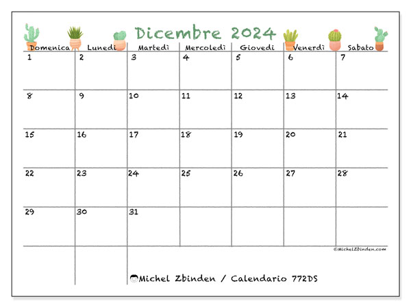 Calendario dicembre 2024 “772”. Calendario da stampare gratuito.. Da domenica a sabato