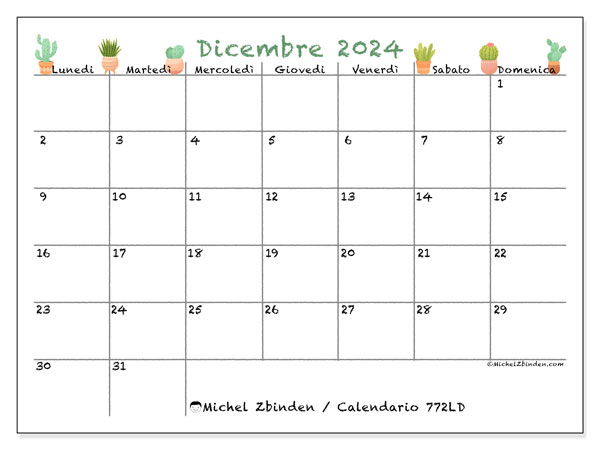 Calendario dicembre 2024 “772”. Calendario da stampare gratuito.. Da lunedì a domenica