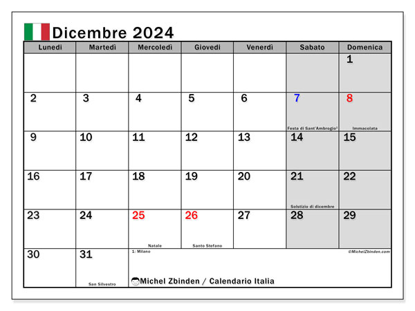 Calendario dicembre 2024 “Italia”. Calendario da stampare gratuito.. Da lunedì a domenica