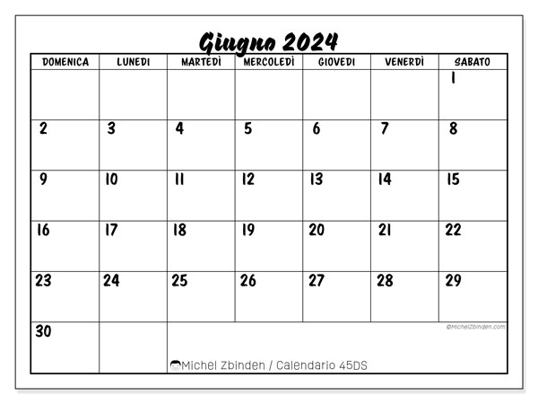 Calendario giugno 2024 “45”. Programma da stampare gratuito.. Da domenica a sabato