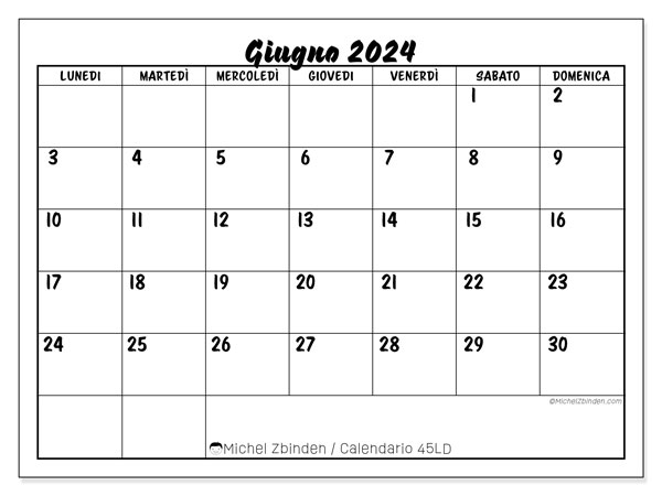 Calendario giugno 2024 “45”. Programma da stampare gratuito.. Da lunedì a domenica