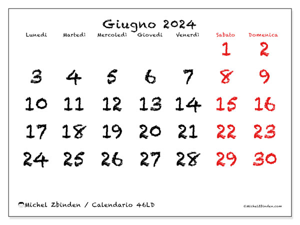 Calendario giugno 2024, 46DS. Piano da stampare gratuito.