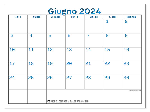 Calendario giugno 2024 “49”. Piano da stampare gratuito.. Da lunedì a domenica