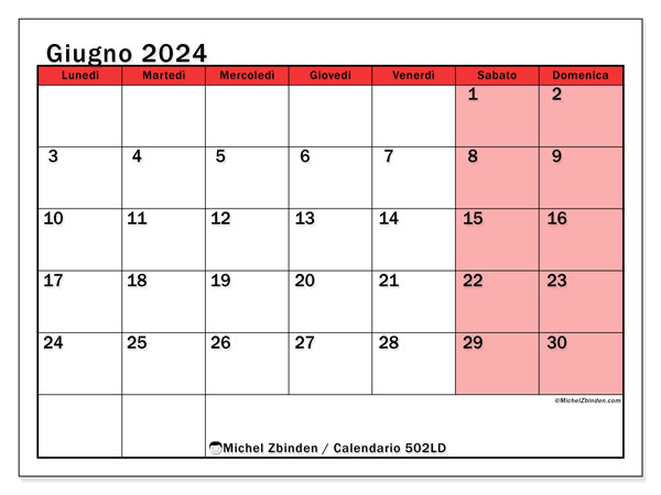 Calendario giugno 2024 “502”. Programma da stampare gratuito.. Da lunedì a domenica