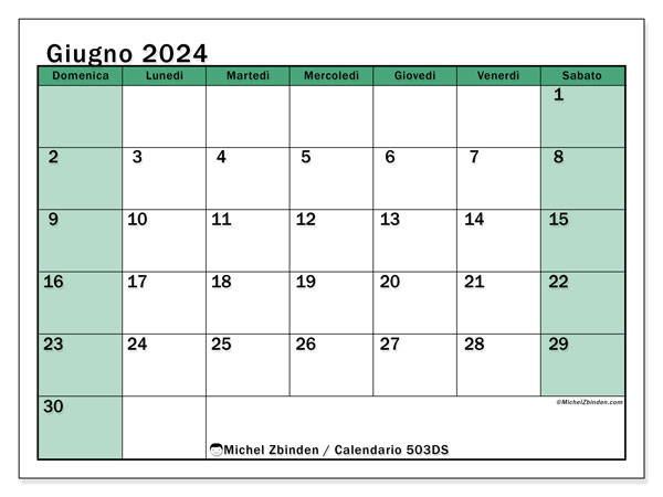 Calendario giugno 2024 “503”. Piano da stampare gratuito.. Da domenica a sabato