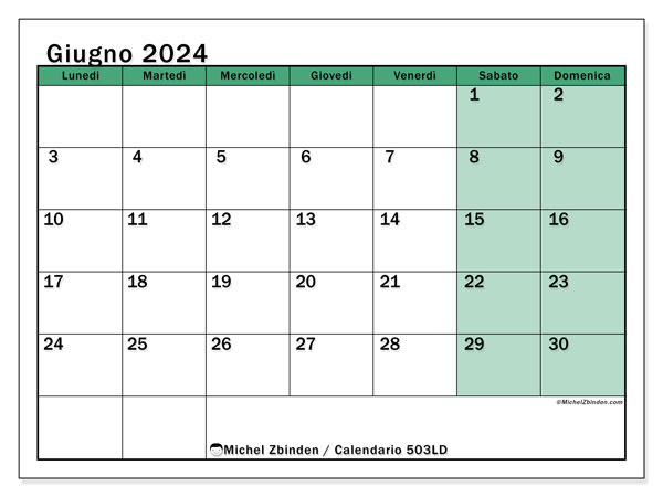 Calendario giugno 2024 “503”. Piano da stampare gratuito.. Da lunedì a domenica