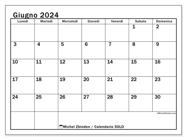 Calendario giugno 2024, 50LD. Piano da stampare gratuito.