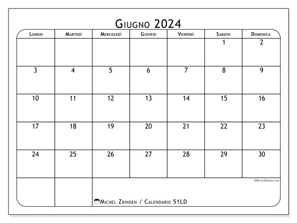 Calendario giugno 2024 “51”. Orario da stampare gratuito.. Da lunedì a domenica