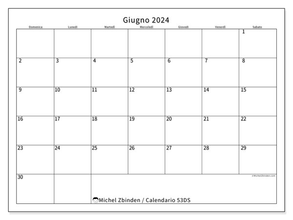 Calendario giugno 2024 “53”. Calendario da stampare gratuito.. Da domenica a sabato