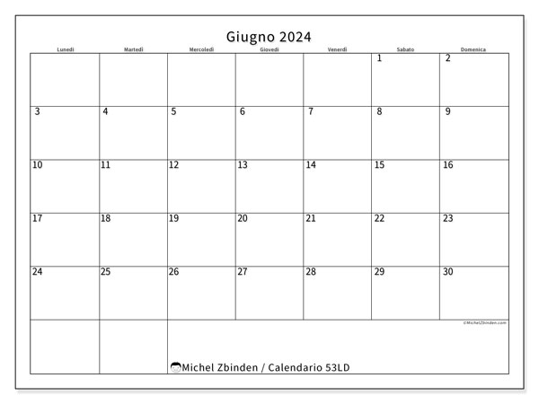 Calendario giugno 2024 “53”. Calendario da stampare gratuito.. Da lunedì a domenica