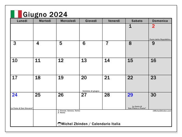 Calendario giugno 2024, Italia. Orario da stampare gratuito.