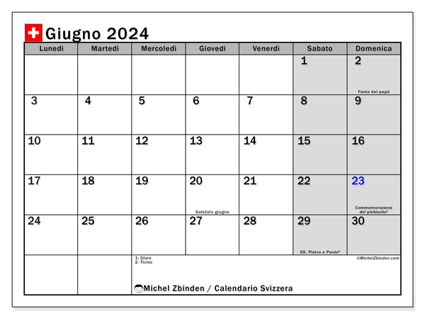 Calendario giugno 2024 “Svizzera”. Piano da stampare gratuito.. Da lunedì a domenica