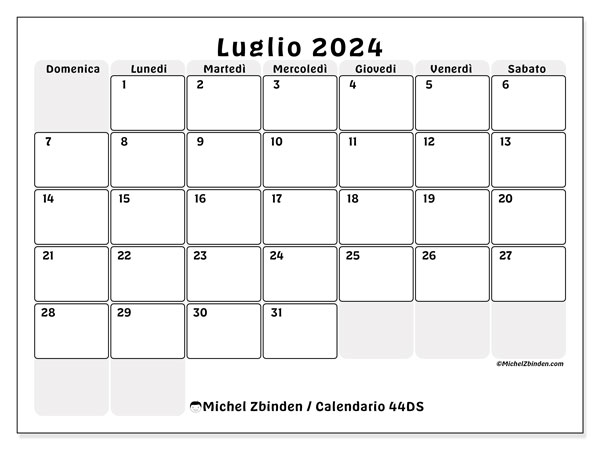 Calendario luglio 2024 “44”. Piano da stampare gratuito.. Da domenica a sabato