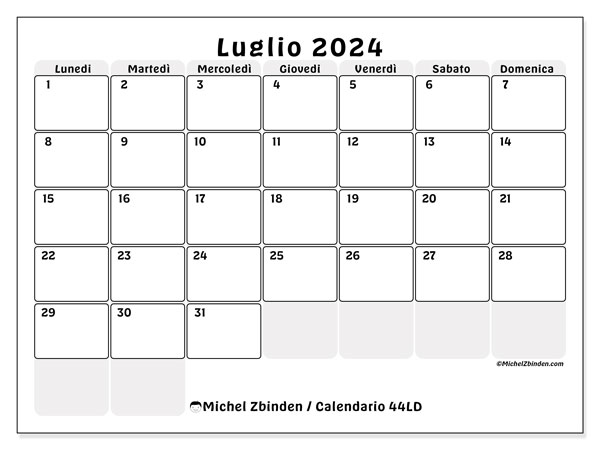 Calendario luglio 2024 “44”. Piano da stampare gratuito.. Da lunedì a domenica