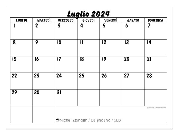 Calendario luglio 2024, 45LD. Calendario da stampare gratuito.